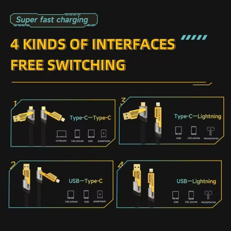 4 in 1 USB C Cable Fast Charging Data Cable 65W 27W PD QC3.0 Multifunction Charger Sync Cord For iPhone Samsung Huawei Xiaomi