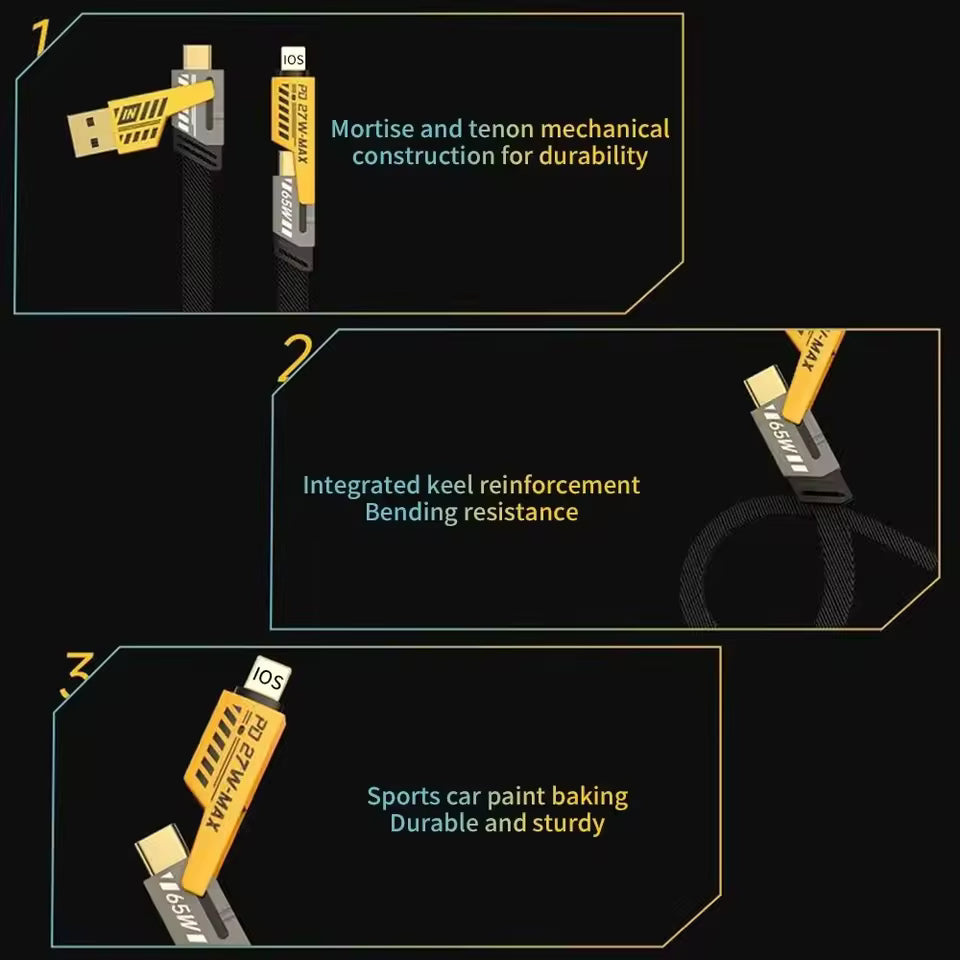 4 in 1 USB C Cable Fast Charging Data Cable 65W 27W PD QC3.0 Multifunction Charger Sync Cord For iPhone Samsung Huawei Xiaomi